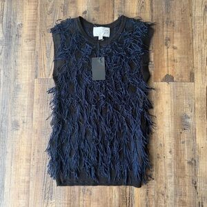 J.O.A Just One Answer Womens Navy Blue Fringe Blouse Bold Party Size XS NWT